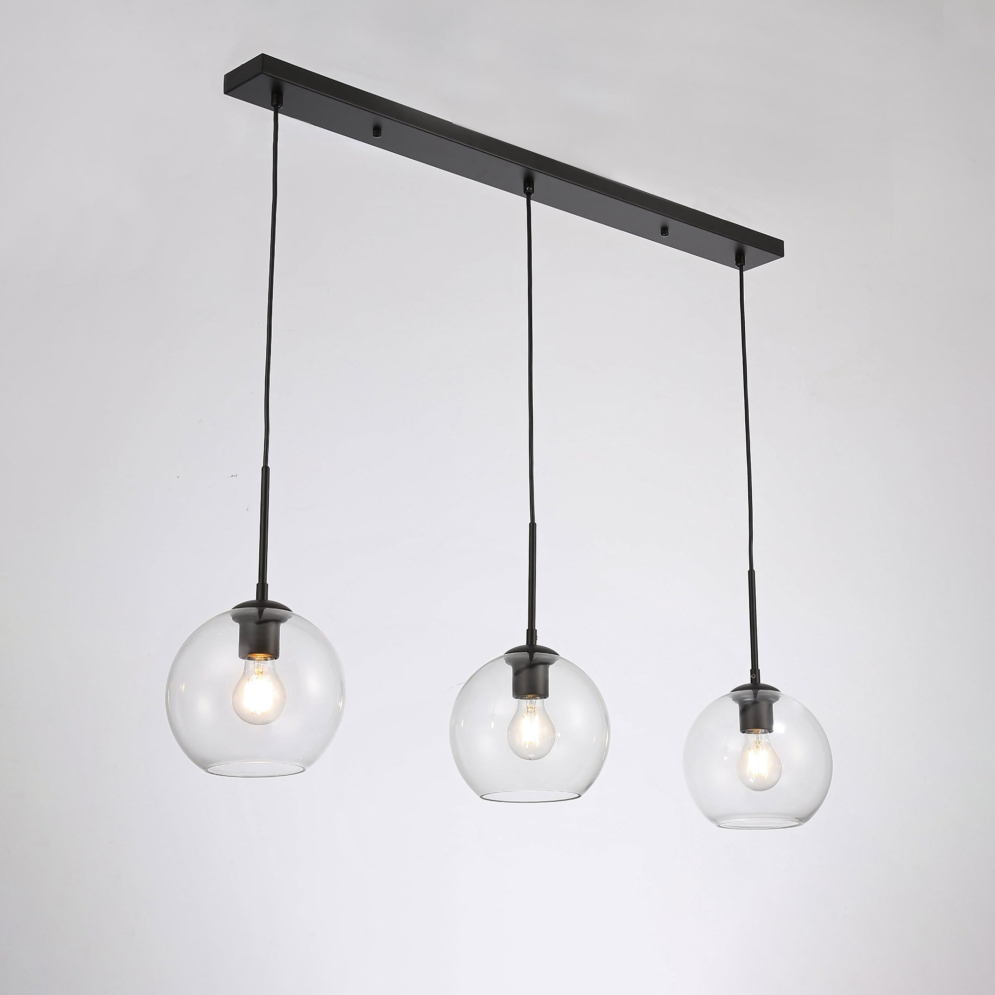 Suspension triple E27 à 3 lumières Negrotriple, design industriel vintage moderne, sphères en verre transparent, hauteur réglable, idéale pour salle à manger, salon, îlot de cuisine et chambre