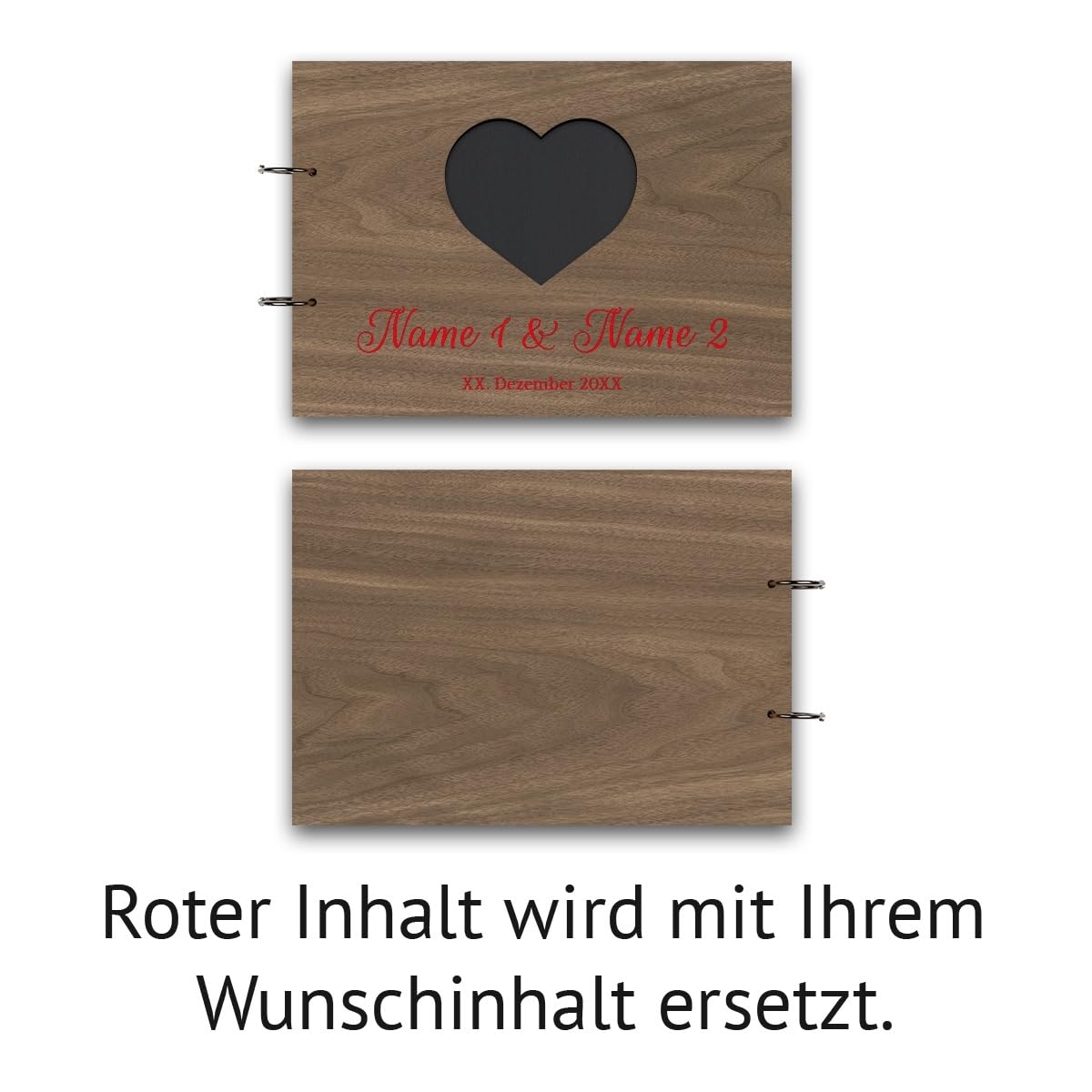 Hochzeit Fotoalbum Nussbaum Holz Gravur individuell Holzcover mit 50 Fotokarton 300g/qm schwarzen Innenseiten (25 Blätter) DIN A4 quer 302 x 215 mm - Herz