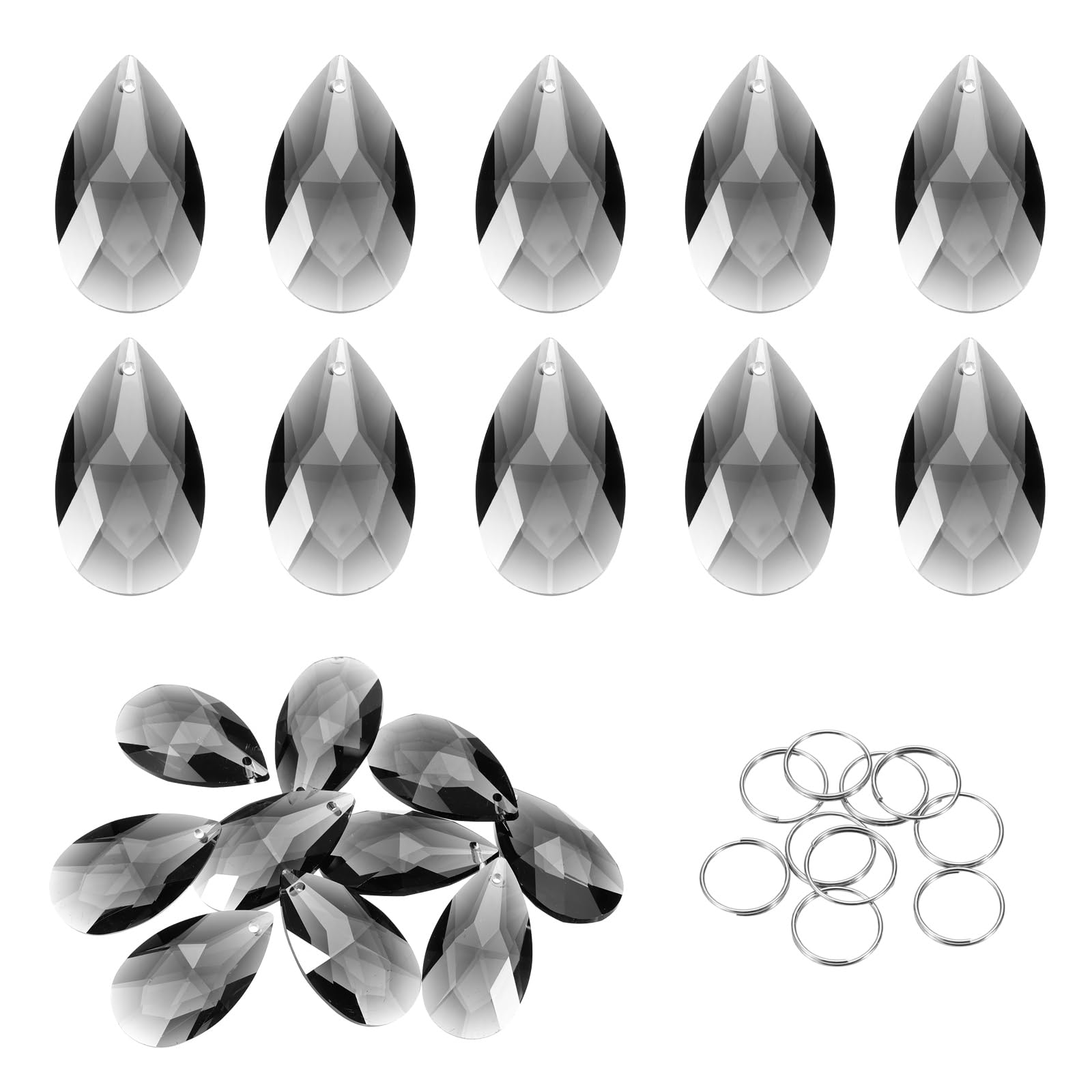 sourcing map 10Pcs Teardrop Crystal Beads, 38mm K9 Glass Hanging Chandelier Bead Prisms Part with 304 Stainless Steel Ring for Crystal Chandelier Lamp Pendant Jewelry, Clear Black