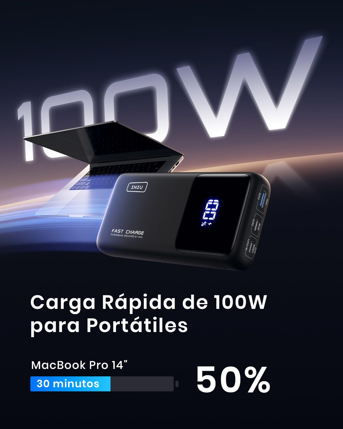 INIU Laptop Power Bank Compacto 25000mAh 100W Carga Rapida Batteria Externa | 3-Output Carga Rápida, Apto para Avión de Viaje, Bateria Portatil para MacBook, Steam Deck, iPhone 17, Samsung, iPad etc