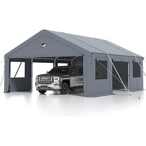 Carports 20X20 Heavy Duty，2 Car Carport with Side Doors，Extra Large Outdoor Carport Canopy，Portable Car Port Garage All Weather，Gray