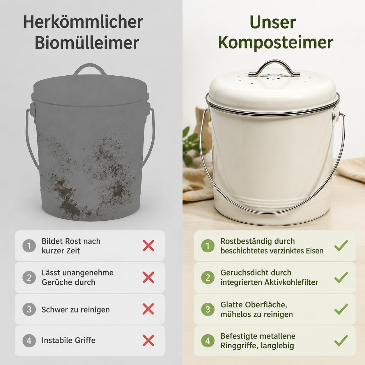 [Ellniges] Komposteimer Küche3,5 L Geruchsdicht aus verzinktem Eisen mit Aktivkohlefilter für Biomüll Spezifikationen: 19*H20,5