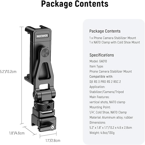 Miniatura 8 de Neewer Soporte de trípode de metal para teléfono con soporte de zapata fría y abrazadera NATO compatible con estabilizador de cardán DJI RS3 Pro,
