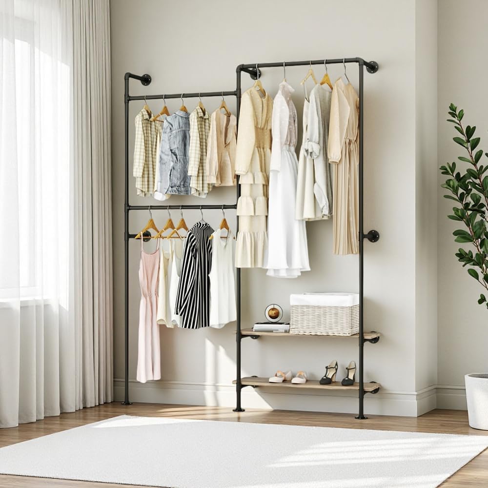 Industrial Pipe Wall-Mounted Clothing Rack with Double Hanging Rods & Shelves - Heavy Duty Storage for Wardrobe, Bedroom, Walk-In Closet (Black)