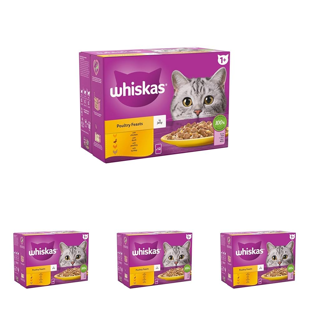 whiskas1+ Cat Pouches Poultry Feasts in Jelly 12 x 85 g (Pack of 4)