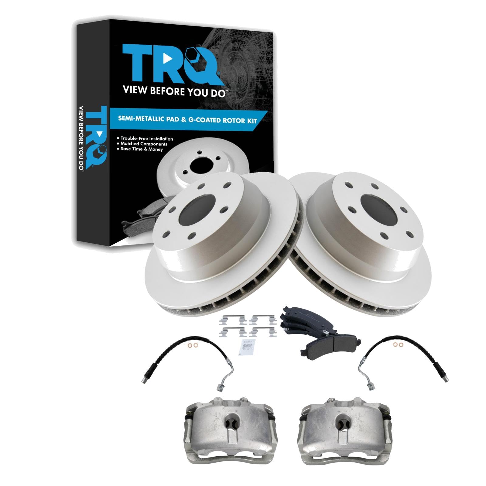 TRQ Rear Brake Pad, Caliper, Hose, &amp; Rotor Kit Semi-Metallic Premium G-Coated Compatible with 2003-2009 Chevrolet Express 1500 2003-2013 GMC Savana 1500