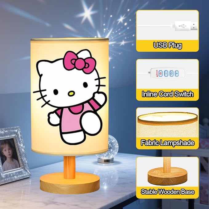 Sapouni Kitty Bedside Table Lamp for Bedroom Nightstand, Gifts for Girls - 3 Colors Dimmable Night Stand Light Lamp for Kids Room, Wood Base Round Flaxen Fabric Shade Desk Reading Lamp for Living Room Office photo 2