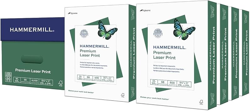 Hammermill Premium Laser Printer Paper, 28 lb, 8.5 x 11 in, 8 Ream 4,000 Sheets, 98 Bright, Made in the USA, 125534C