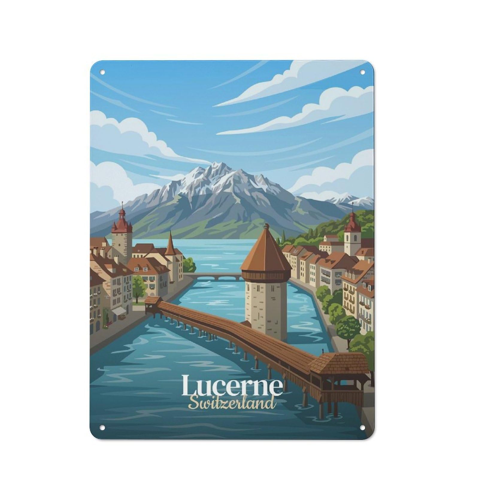 Junmoney Style-14 Understated Lucerne, Switzerland Travel Metal Wall Plaque 40X30cm, Creative Space Decor For Office, Study, Studio Or Hallway