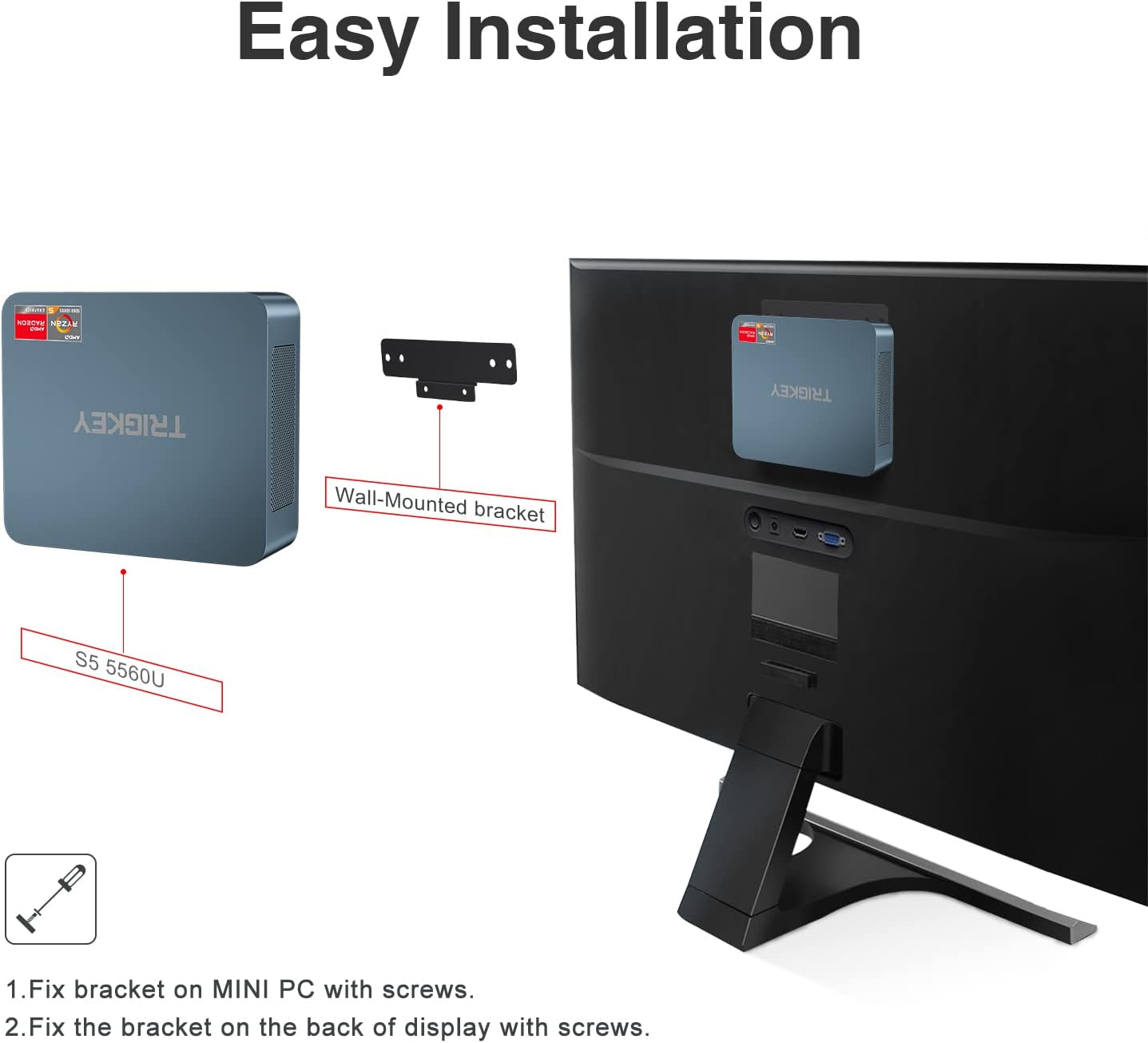 Included accessories: user manual, wall-mounted bracket, HDMI cables, power adapter.