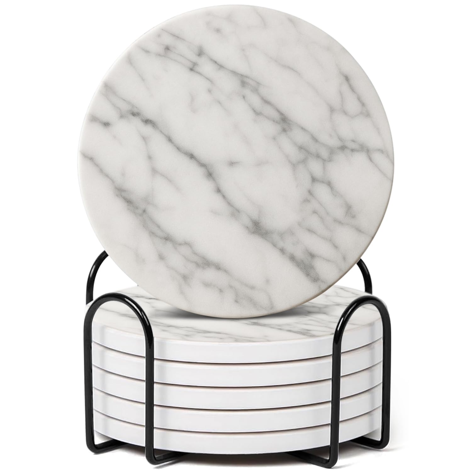 GRISHA Coasters Set of 6 - Homeware Delux White Marble Design Coasters Ceramic - Coasters with Holder and Cork Base,Home accessories,Coaster(Drinks) cup and Table decor,10cm 4inch