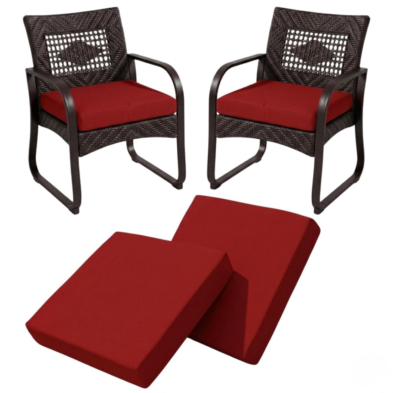 2 Pieces Waterproof Garden Chair Seat Pads Thick Rattan Outdoor Seat Cushions Removable Zipped Cover, Patio Dining Chair Pads for Indoor & Outdoor Furniture Seat Pad (Red, 50cm x 50cm x 10cm)