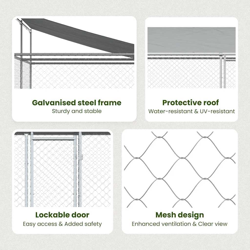 vidaXL Dog Cage with Roof and Door, Outdoor Dog Kennel Animal Cage, Dog Pen House, Pet Crate Playpen for Yard, Gray Galvanized Steel