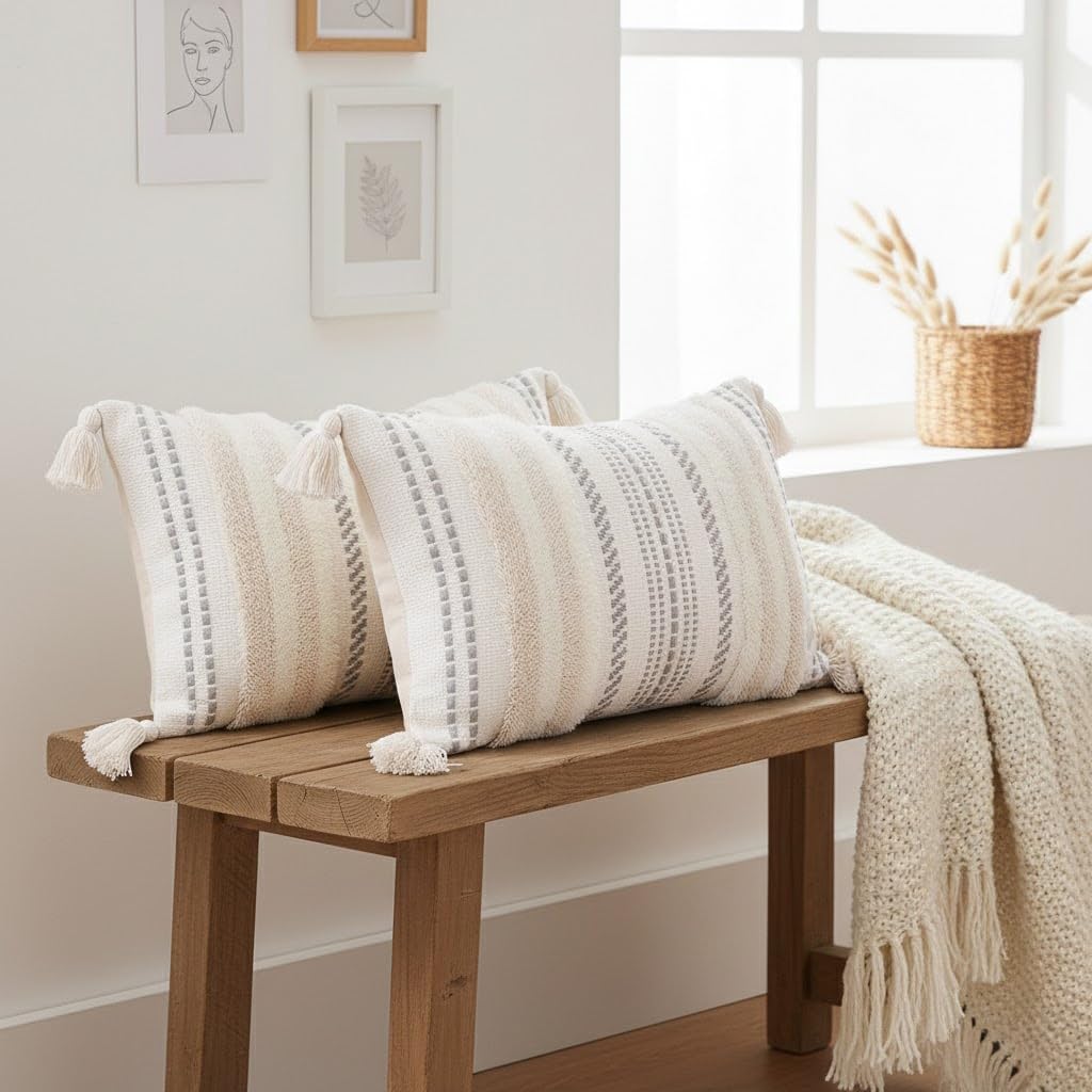 decorUhome Decorative Boho Throw Pillow Covers 20x20 Set of 2, Accent Neutral Textured Tufted Pillow Covers Striped for Couch Bed Sofa Living Room, Beige and Cream White - Image 5
