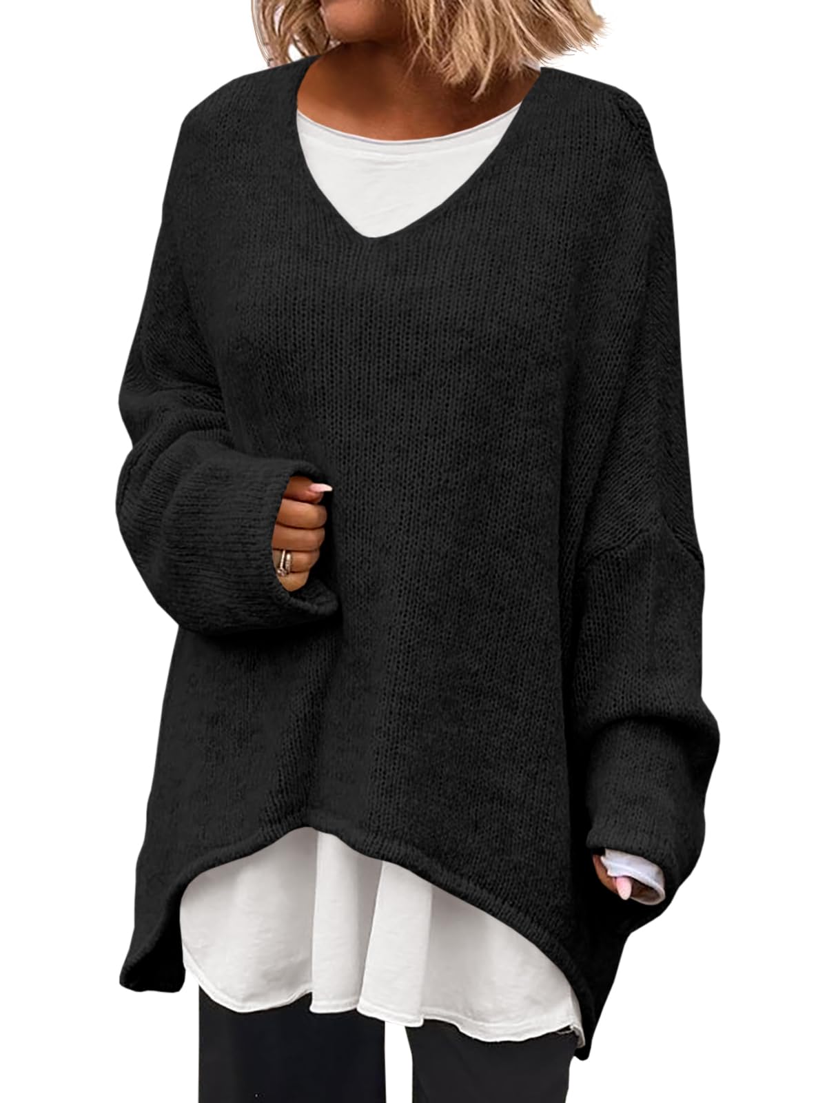 Saodimallsu Womens Oversized V Neck Sweaters Batwing Long Sleeve Knit Fall Slouchy Pullover Sweater Tops