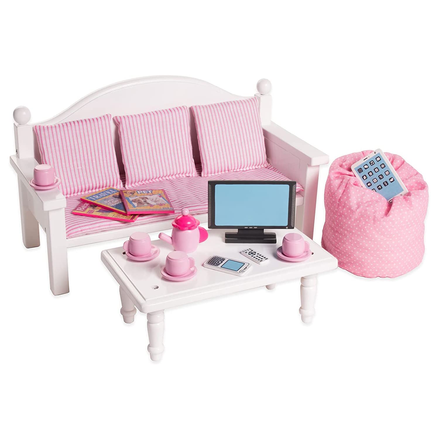 Playtime by Eimmie 18 Inch Doll Furniture Couch & Coffee Table Set – White, Wooden Playset with Living Room Accessories, Fits American, Generation, My Life & Similar 14”-18” Dolls