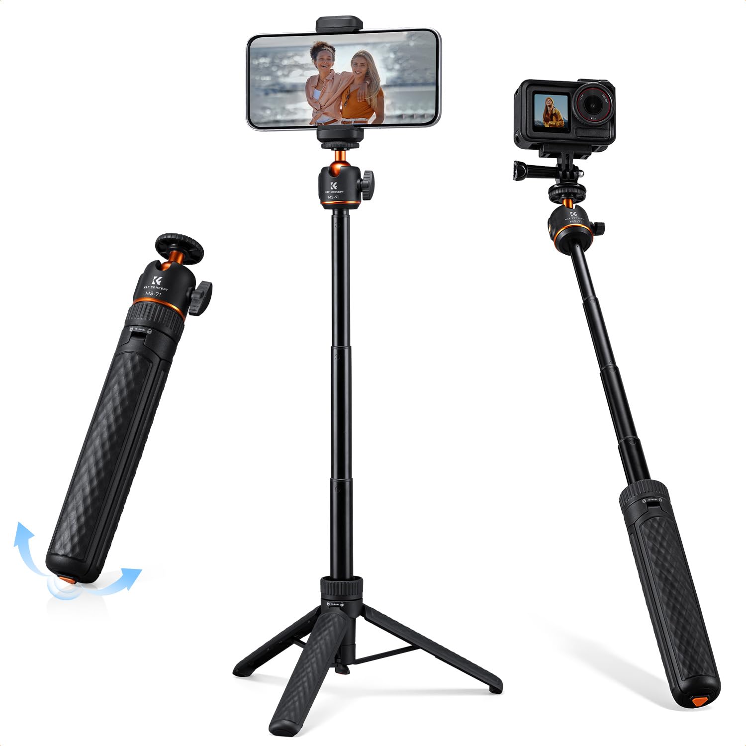 MS71 [Ouverture Auto 1s] Mini trépied Smartphone et Perche Selfie, 25,6", rotule de Poche légère avec Sabot Froid, Petit trépied de Bureau Compatible DJI Osmo Pocket 4/3, Action5, GoPro 13/12.