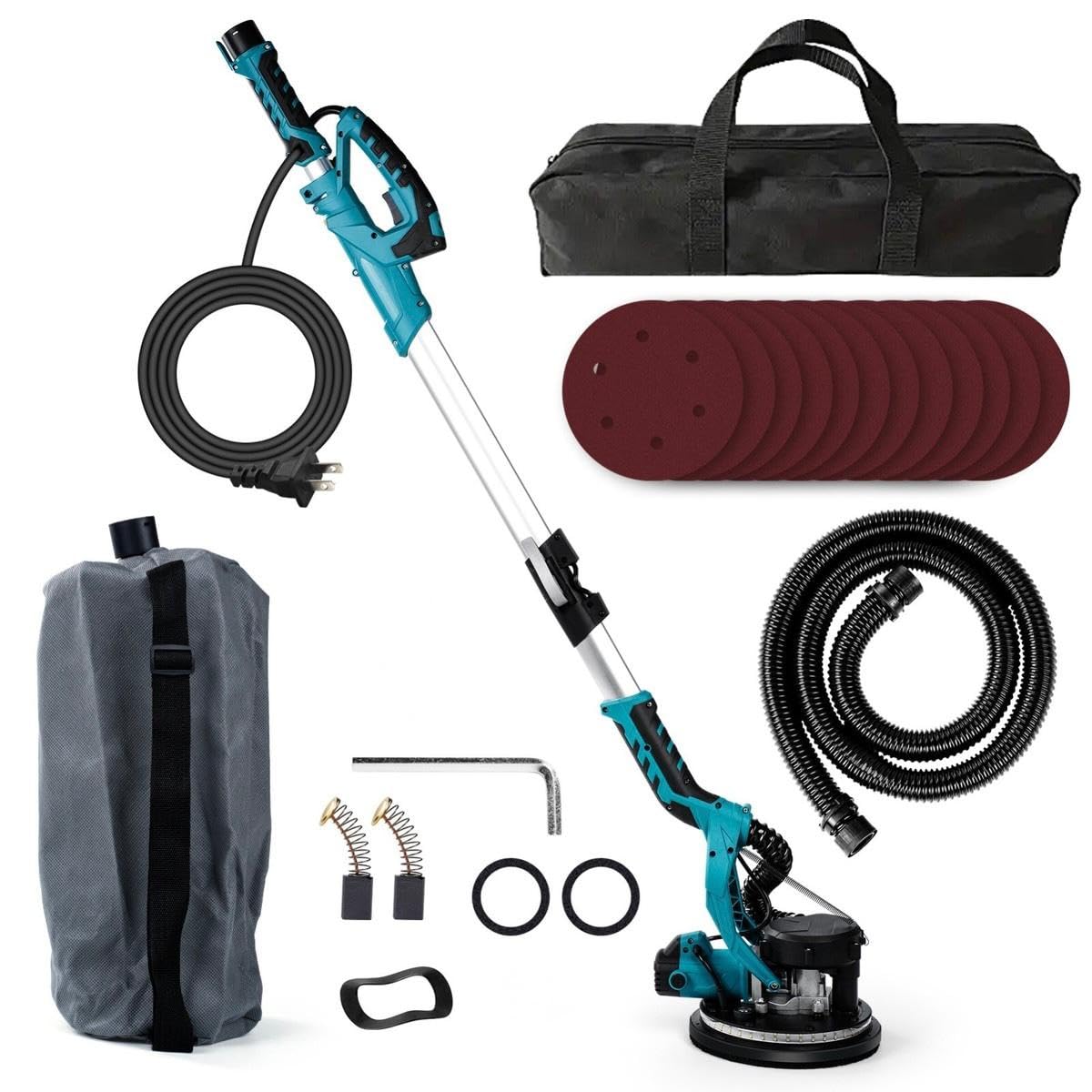 Lijadora Telescópica Pared y Techo 1000W – 6 Velocidades Ajustables, Cabezal Giratorio 100°, Auto-recolección de Polvo 98%, Mango Extensible, Luz LED 360°