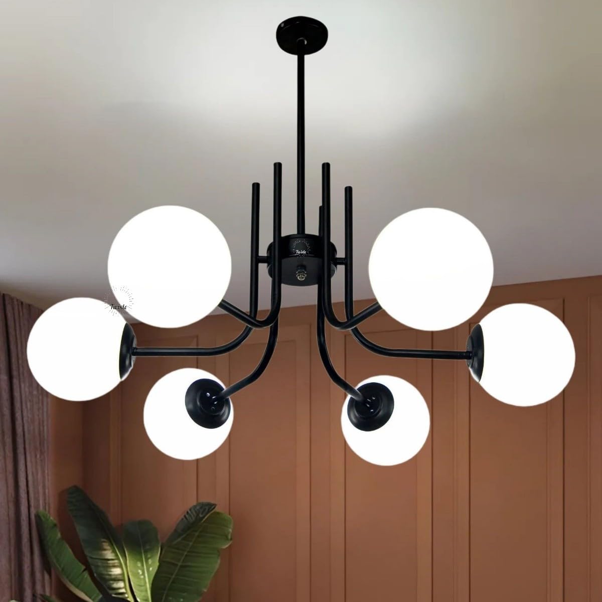 Modern Black Metal & 6 White Dome Glass Globe Sputnik Chandelier Metal Ceiling Light Hanging Fixture Semi Flush Mount Chandelier for Living Room, Dining Room, Bedroom,Restaurant (with Bulb)