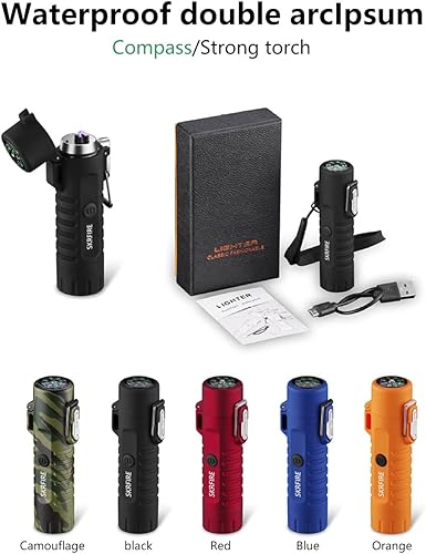 Miniatura 10 de SKRFIRE Encendedor eléctrico recargable USB de plasma de doble arco, impermeable, fresco, portátil, con brújula, linterna a prueba de viento,