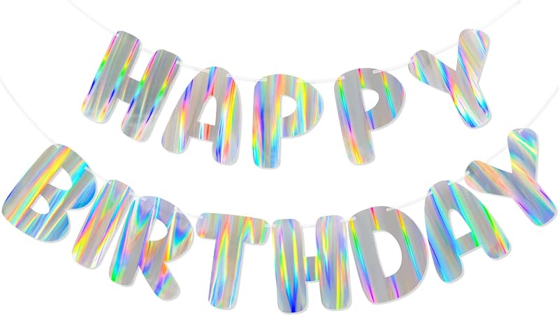 Pancarta iridiscente de feliz cumpleaños, decoraciones de fiesta de cumpleaños preencordadas | Letrero holográfico de cumpleaños con efecto Aurora con brillo arcoíris vibrante, bonita decoración de fiesta para mujeres, niñas, adultos y niños