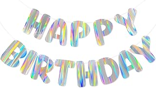 Iridescent Happy Birthday Banner, 9ft Pre-Strung Holographic Birthday Decorations Vibrant Party Sign with Aurora, Rainbow Effects