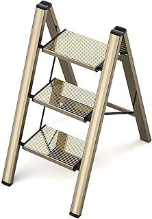3 Step Ladder, Aluminum Folding Step Stool with Wide Anti-Slip Sturdy Pedal, Portable Lightweight Step Stool Multi-Use for Kitchen Household and Office, Gold, 330 LBS