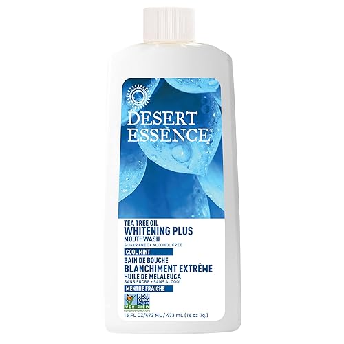 Desert Essence Aceite natural para árbol de té blanqueador y enjuague bucal menta fresca 16 onzas líquidas reduce la placa refresca el aliento jugo