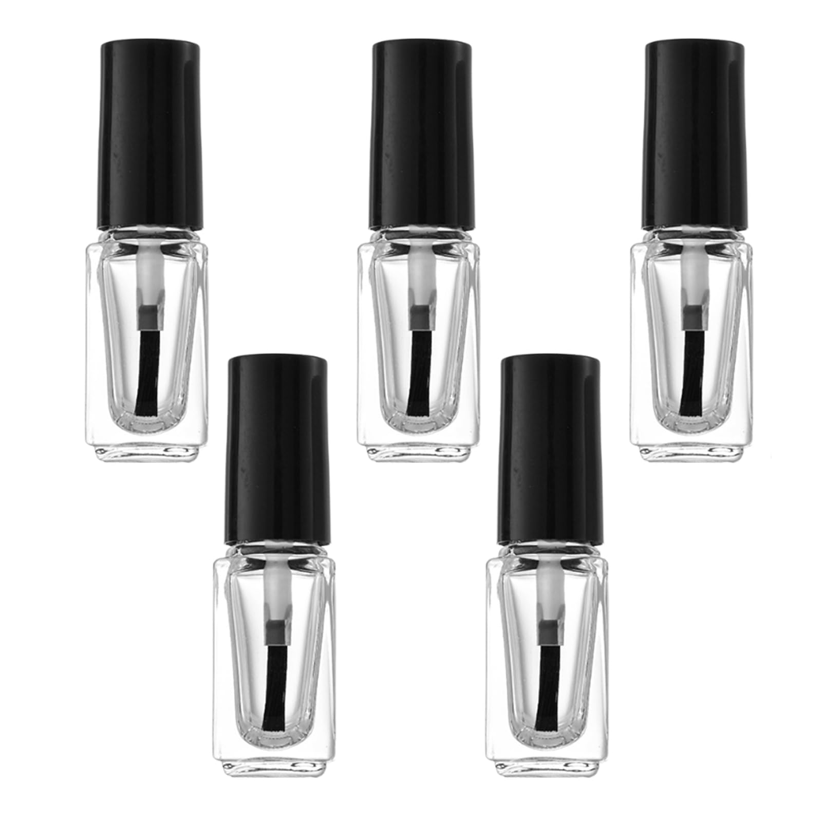 5 PCS 3ML Empty Transparent Glass Square Bottom Shape Nail Polish Clear Bottles with Balck Cap and Soft Nail Brush for Travel and Home
