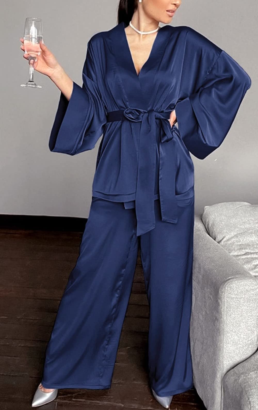 Ensembles De Pyjama Femme,Bleu Foncé Cardigan À Lacets À Manches Longues Ensemble De Vêtements De Nuit Femme Pyjama Deux Pièces Personnalité Douce Décontracté Loungewear Festival Cadeau pour