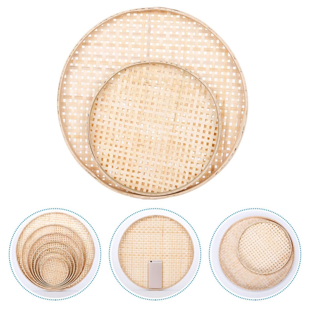 Cesti in Bambù Intrecciati Artigianalmente 2 Pezzi, Forma Rotonda, Tessitura Artistica Naturale, per Cucina e Decorazione Casa Fattura