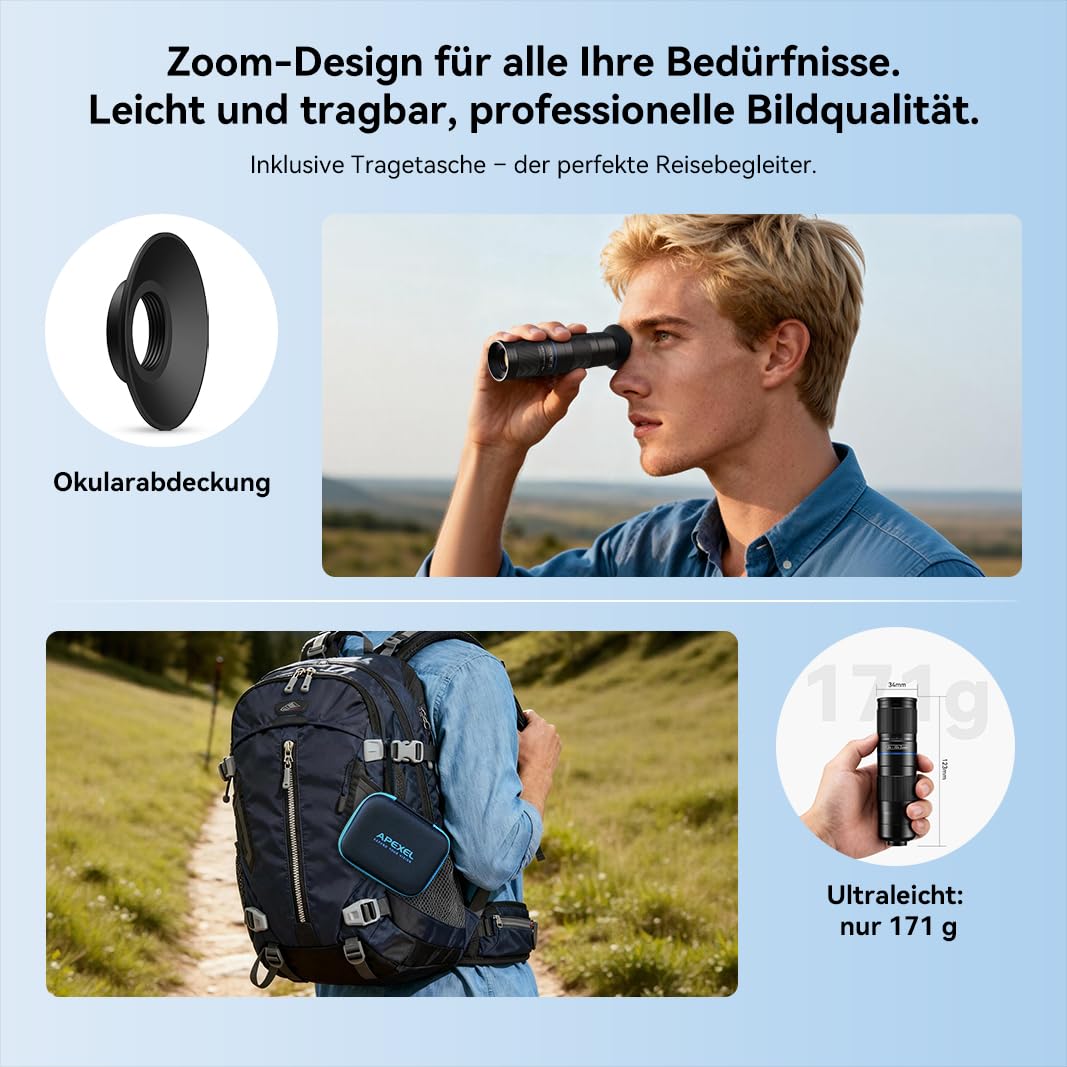 APEXEL Kompaktes 5x-10x Zoom-Teleobjektiv für Mobiltelefone mit Universalclip, Mehrfach Vergütetes Teleobjektiv, Geeignet für iPhone 17/16/15..., Samsung, Pixel und andere Smartphones,Schwarz