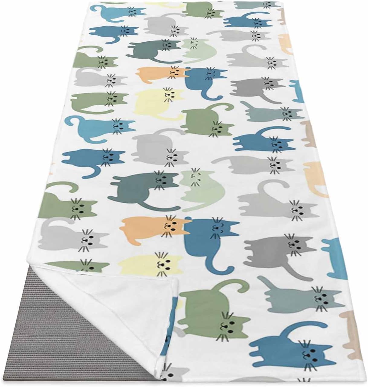 Yoga Mat Towel, Cartoon Cat Seamless Non Slip Hot Yoga Mat Towels with Corner Pockets, Funny Animal on White Soft Sweat Absorbent Yoga Blankets for Hot Yoga Pilates Workout,26"x70"