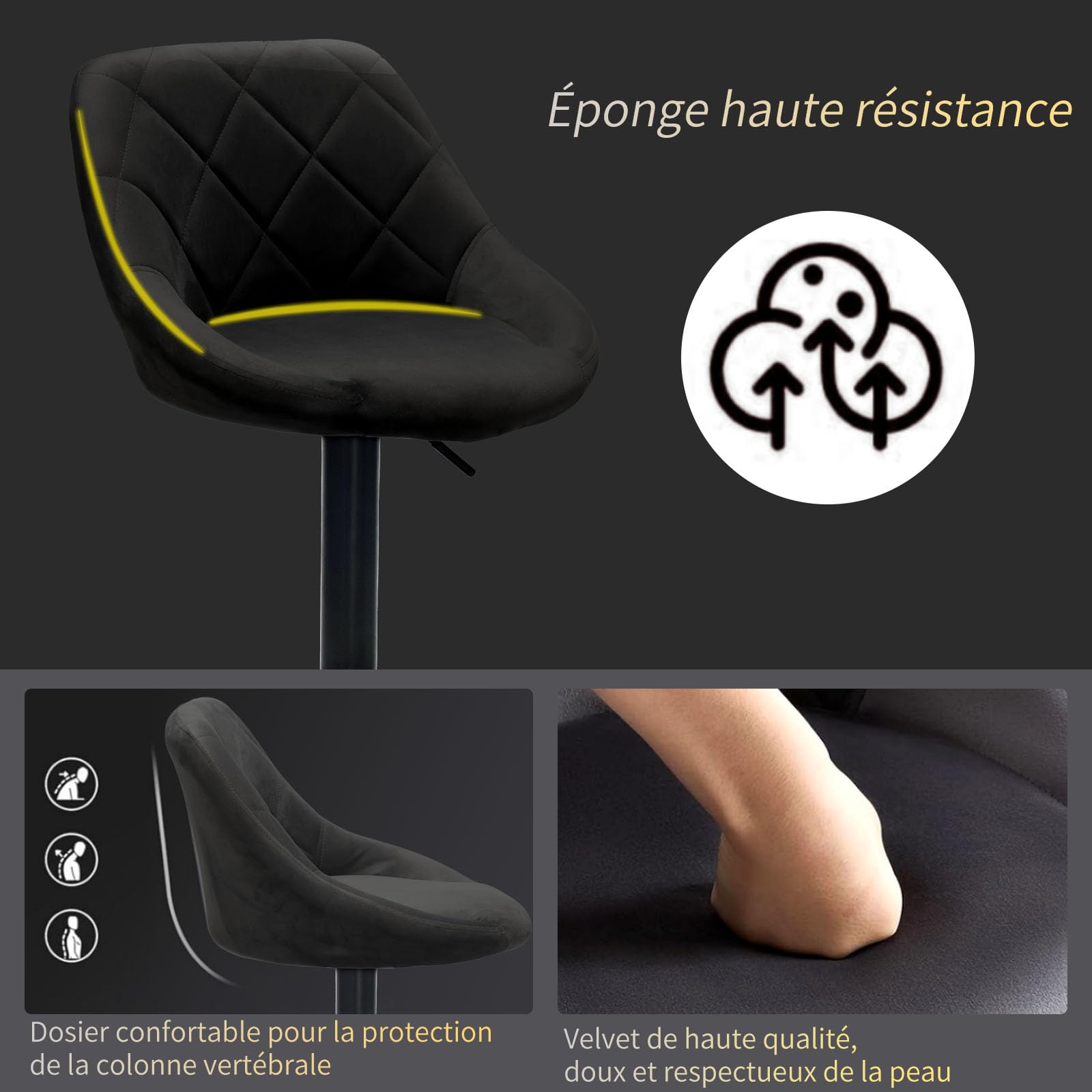 Tabouret de Bar Lot de 4 en Velours Chaise Haute Bar Cuisine Siège pivotant à 360° Réglable en Hauteur Confortable avec Dossier et Repose-Pieds Max.136 kg pour Cuisine Salon Salle à Manger, Noir