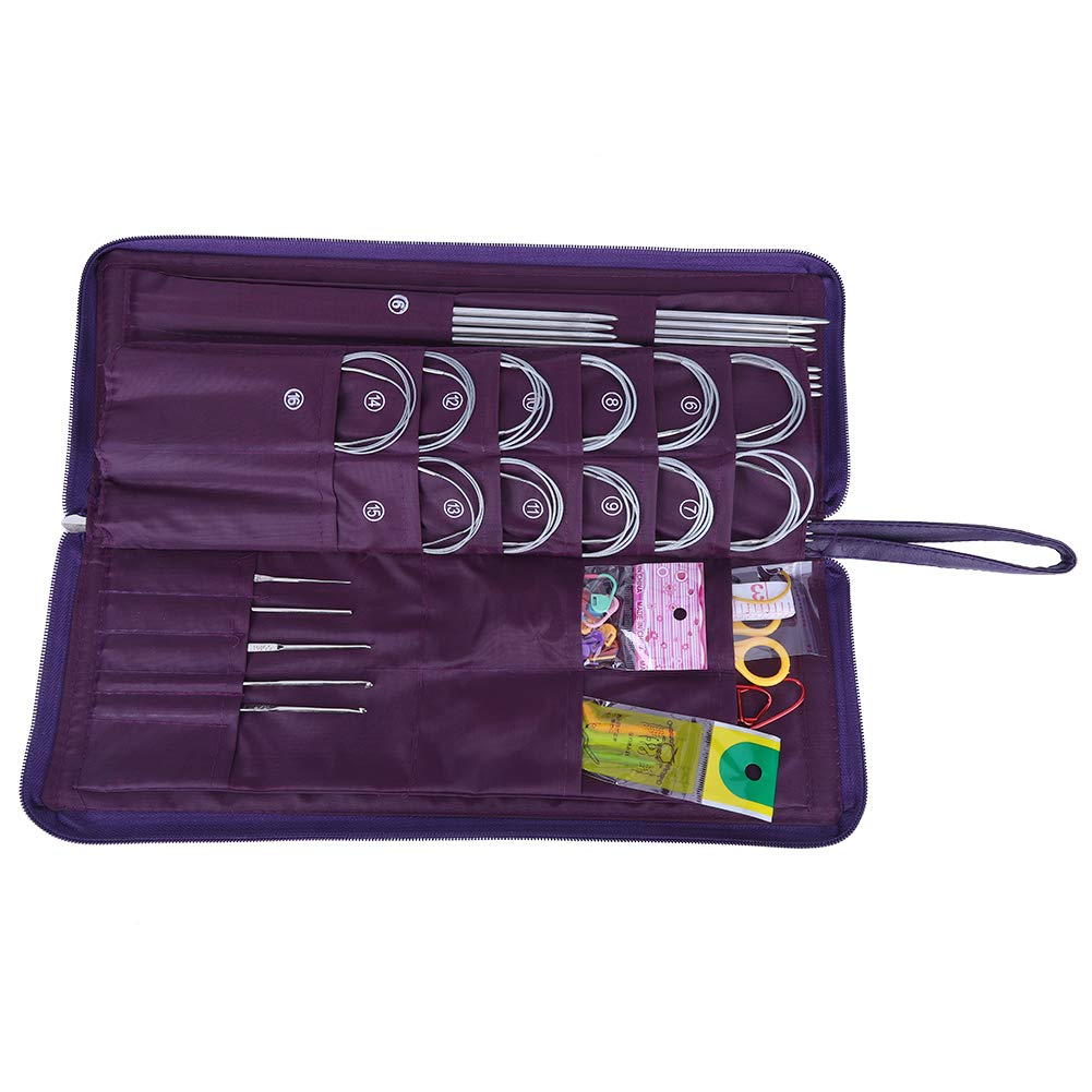 Ejoyous 104Pcs Häkelnadel Set, Häkelnadel Hülle Stricknadeln Set Handarbeitsset Stahl gerade Rundstricknadeln Häkelhaken mit Reißverschluss Lederscheide für Strickwaren DIY-Weben