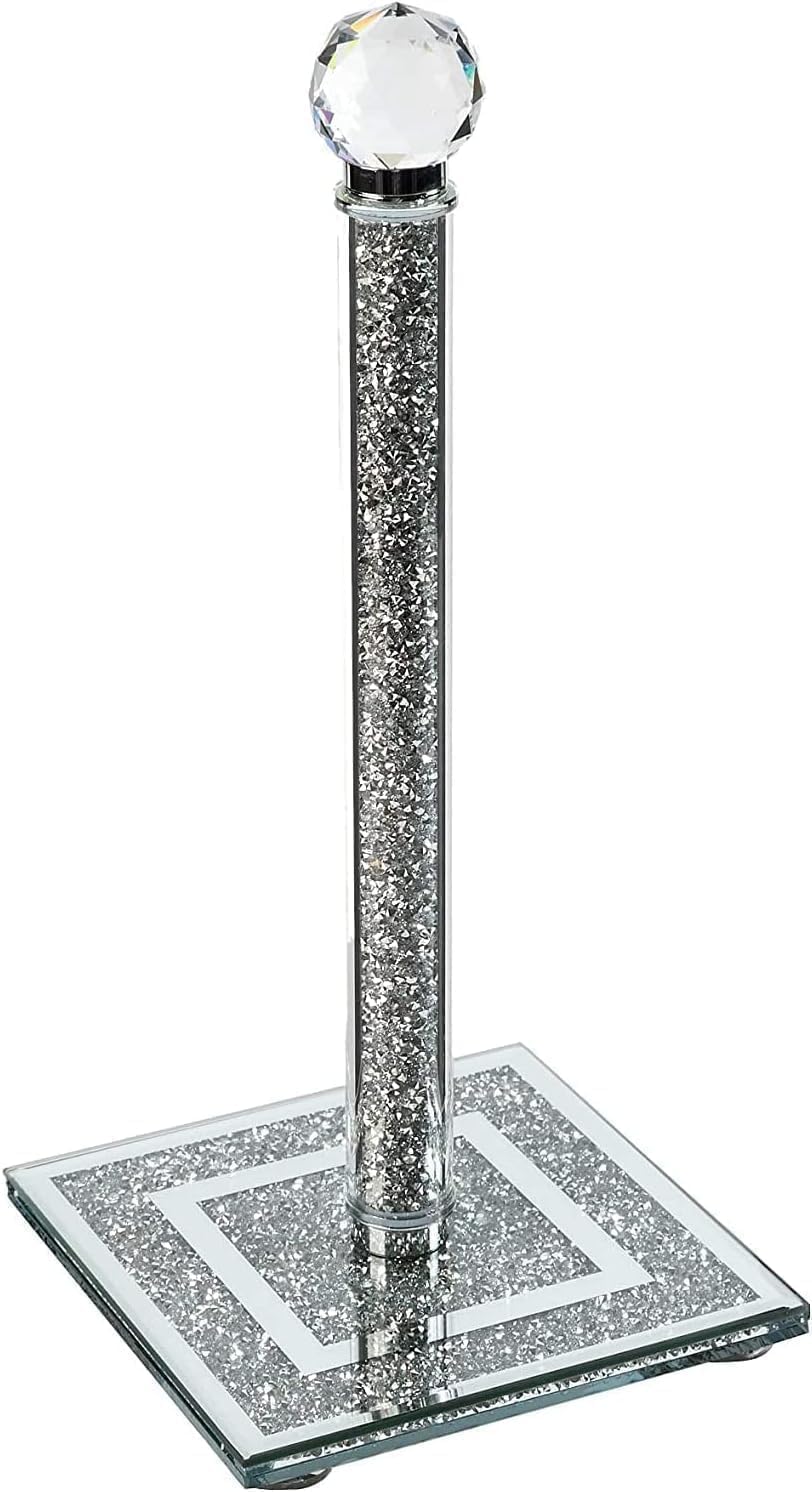 Jayogla Silver Crushed Diamond Kitchen Roll Holder – 34Cm Crystal Filled Paper Towel Stand, Luxury Diamante Freestanding Chrome Tissue Holder, Sparkly Home Décor Kitchen Accessory