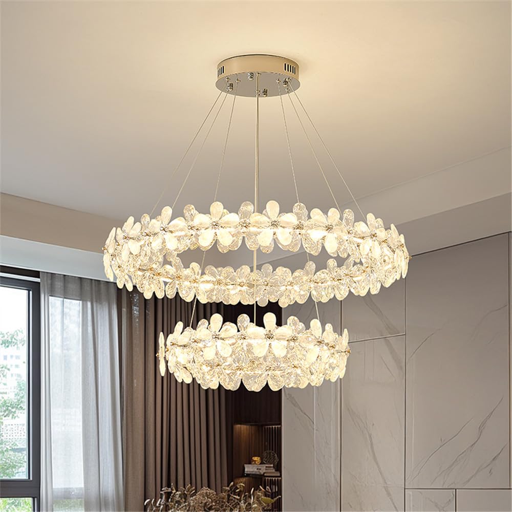 CSXSXAUO Modern Luxury Petal Crystal Pendent Lamp LED Fashion Art Living Room Restaurant Bar Counter Bedroom Villa Staircase Decoration Chandelier (A 2 Rings D80CM)