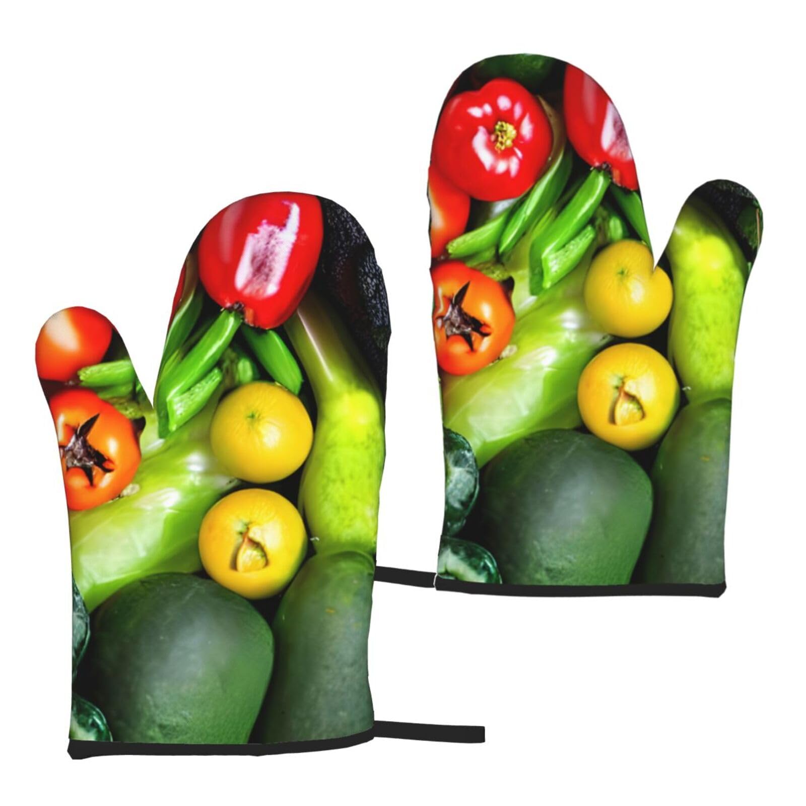 Nimongt Women's Black Fresh Vegetables Fruits Print Adults Universal Fit Heat Resistant Oven Gloves Reusable Cooking Outdoor Grilling