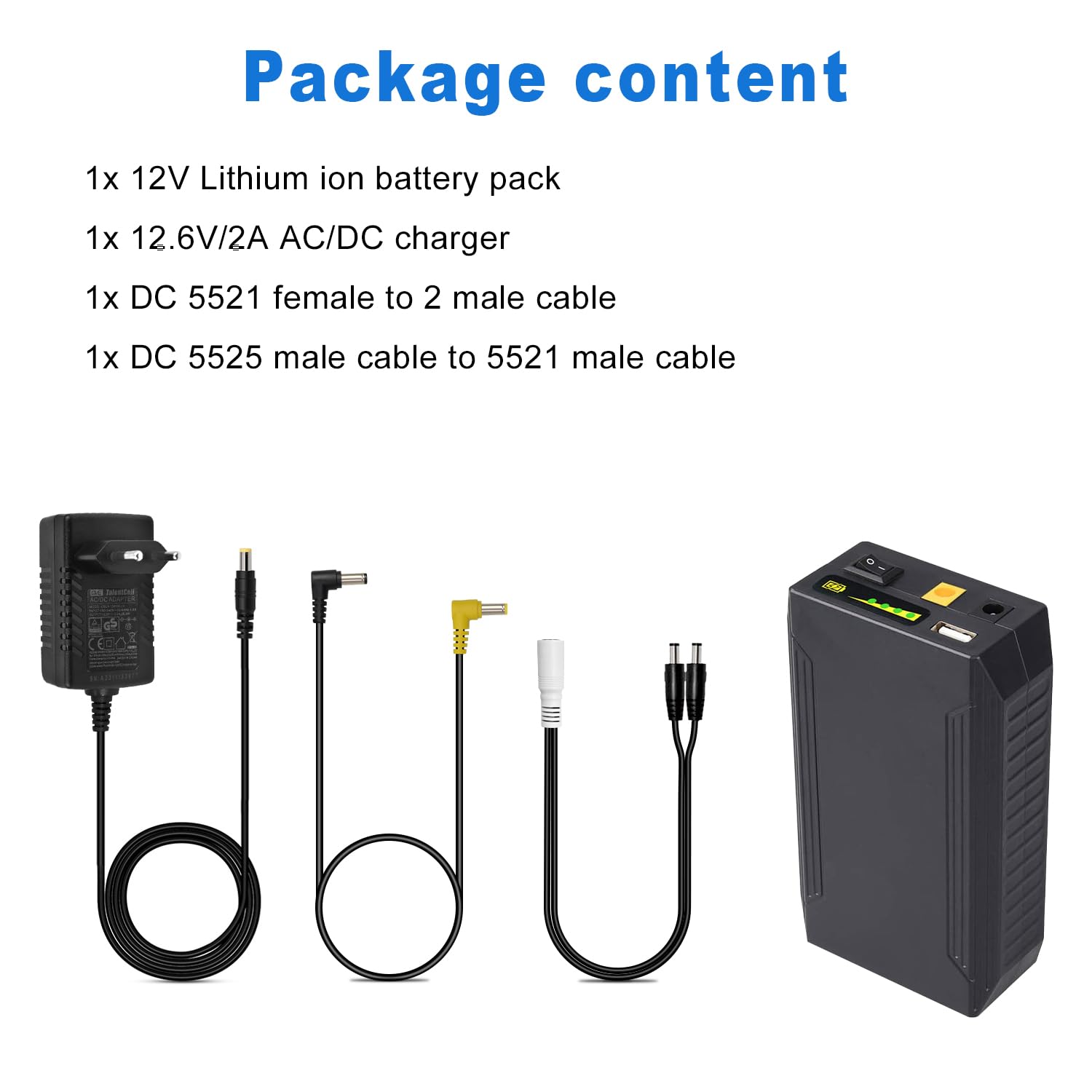 TalentCell Wiederaufladbar Lithium Akkus 12V/8300mAh 9V/11000mAh 5V/20000mAh DC Ausgang Lithium-Ionen-Akku mit Ladegerät für LED-Streifen, Band-Licht, CCTV-Kamera und mehr, Schwarz