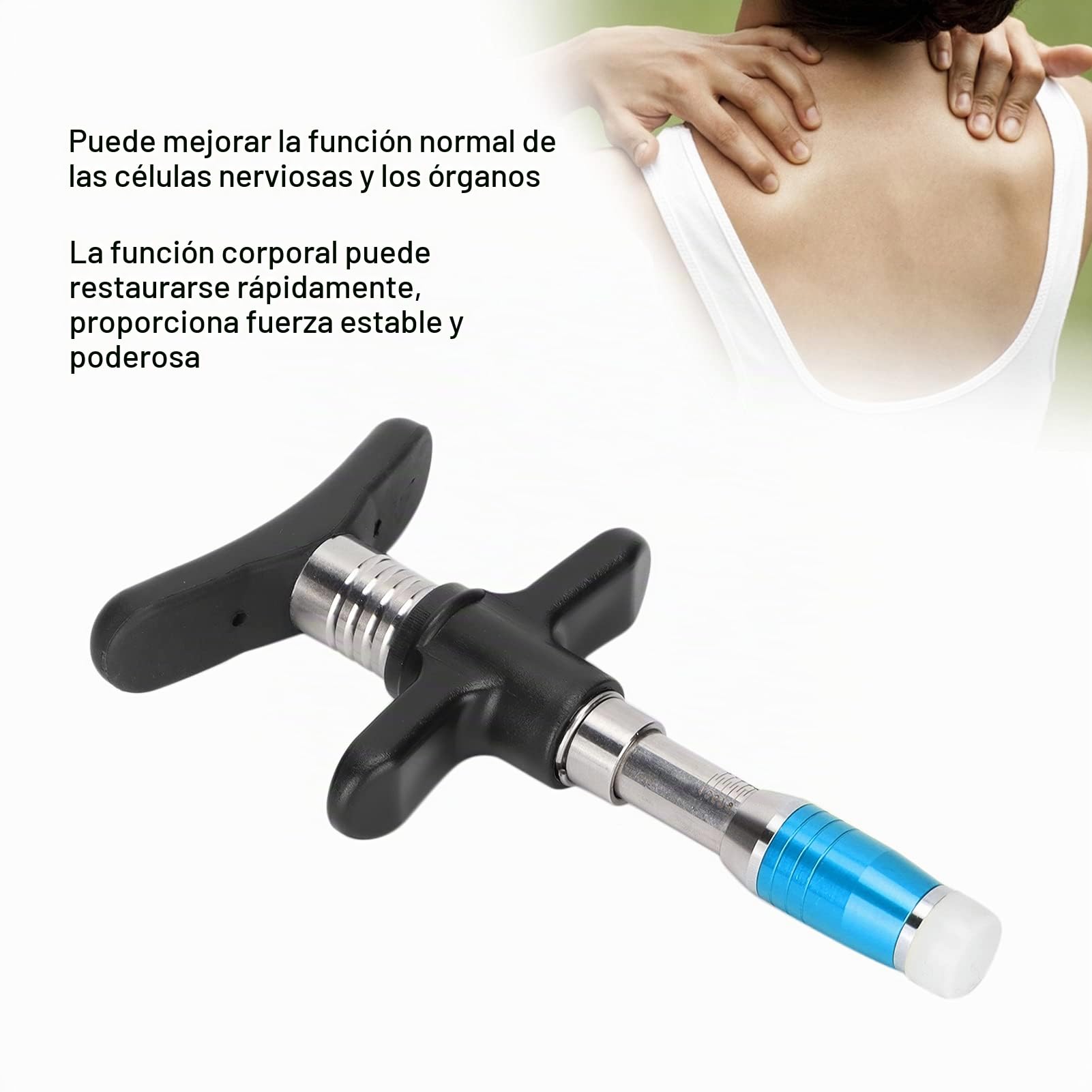 Masajeador Espinal Manual de Un Cabezal – 10 Niveles de Intensidad x Ideal para Ajuste Quiropráctico x Fabricado en Acero Inoxidable x Alivio Articular y Cervical x Portátil y Ergonómico