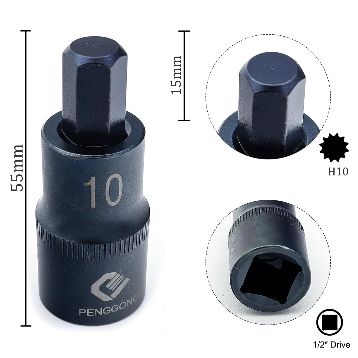 Juttzzei 1/2" Drive H10 Hex Bit Socket, 8mm Allen Key Square Socket, Premium S2 Steel H10 Hex Bit with 2" Length - Image 2