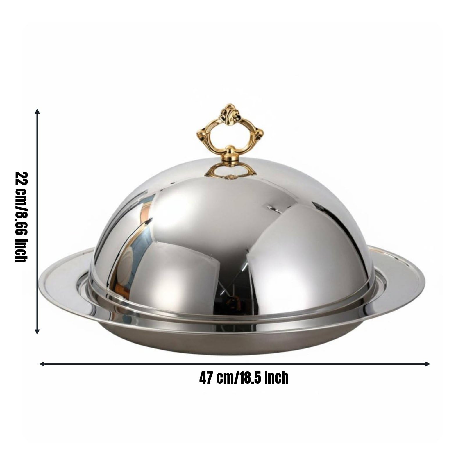 Vassoio Inox Cloche Dome con Coperchio Vassoio Portata Acciaio Piatto Elegante con Manico Dorato Adatto per Servizio Catering Hotel Buffet Presentazioni Gastronomiche, Argento