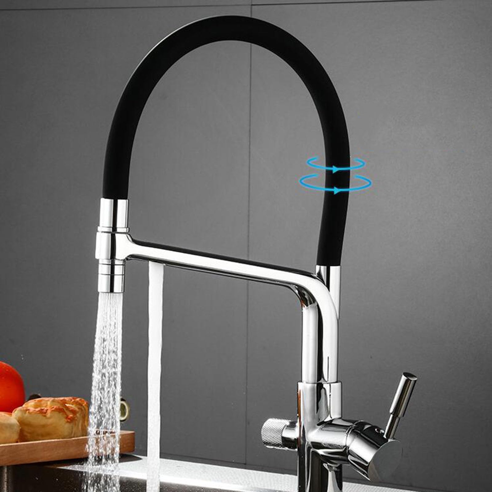 Grifo de Cocina 3 Vias Extraible Latón Agua Purificada 2 Asas Grifo Cocina-Negro