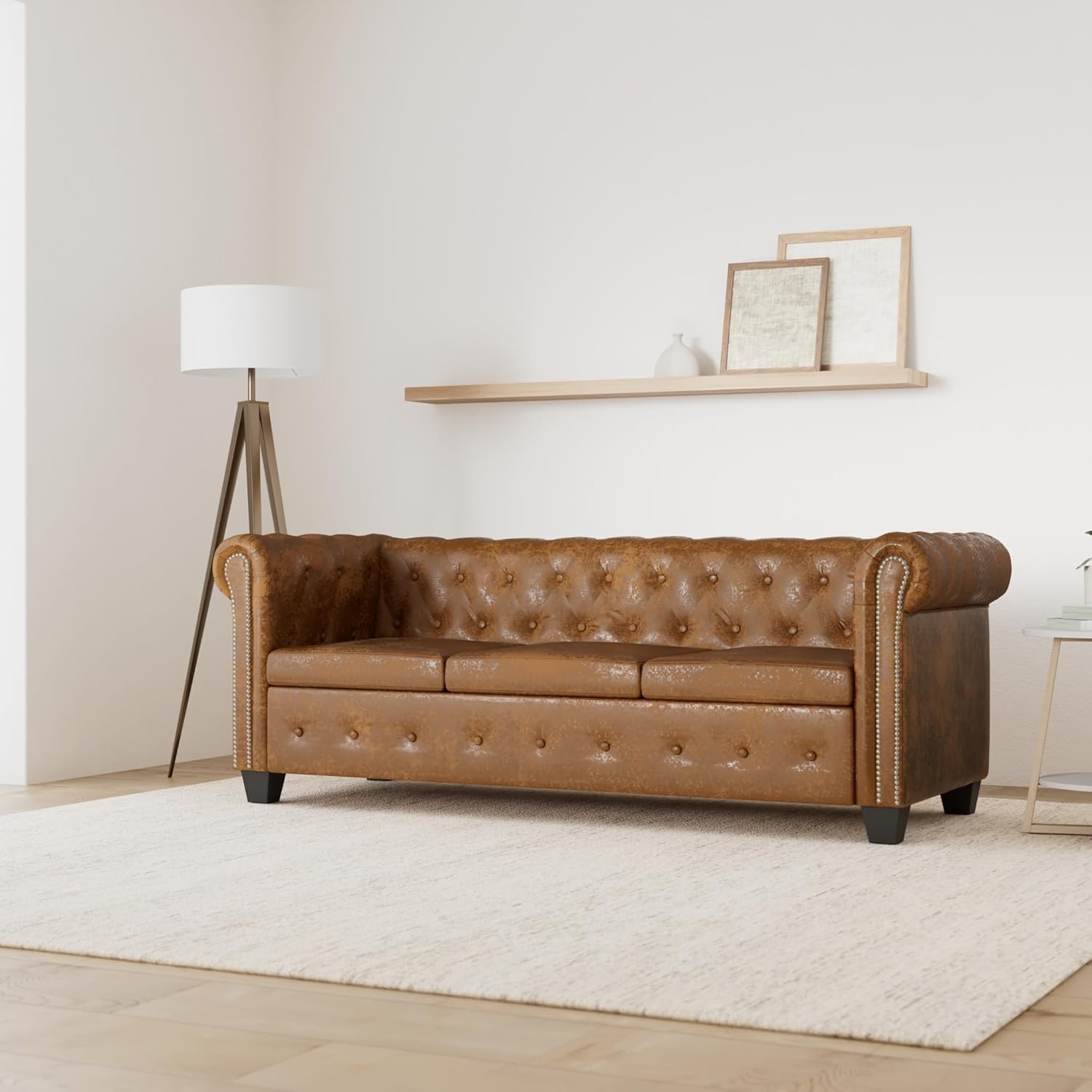 Willood Sofá de Estilo Chesterfield de 3 Plazas Cuero Artificial Marrón Sillón