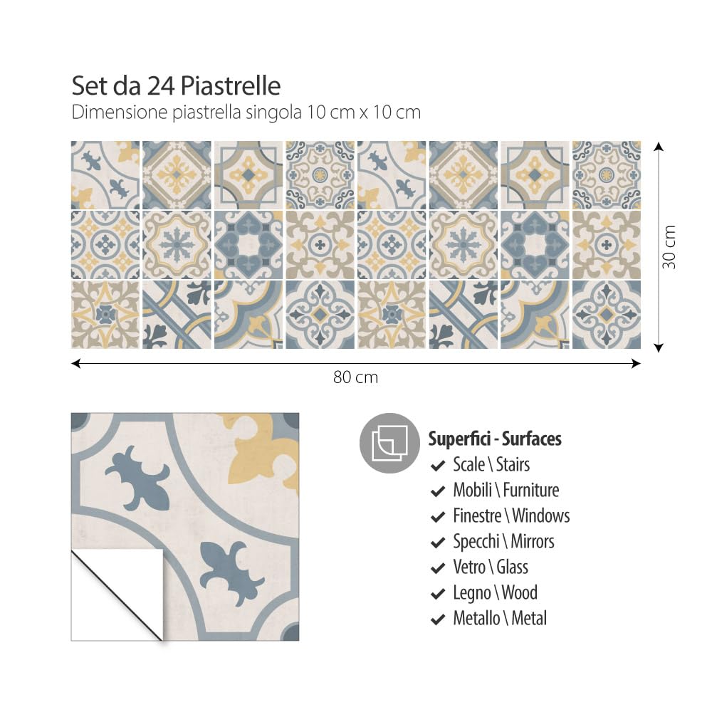 RE-COVERTILES - Adesivi per Piastrelle Bagno e Cucina 24 Pz 10x10 cm - PS00199 Decorazione murale in PVC impermeabile mattonelle mosaico stile cementine Azulejos