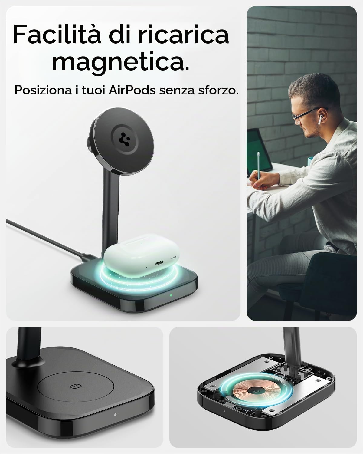 Spigen MagFit 2-in-1 Qi2 15W Caricatore Wireless iPhone con Supporto MagSafe [Cavo USB-C 2 M Incl.] Per iPhone 17/16/15/14 Pro Max 17e, Samsung Galaxy S26, Pixelsnap per Pixel 10 e AirPods/Pixel buds