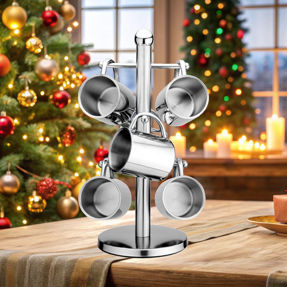Stainless Steel Coffee Mug Holder, 6 Hooks Mug Holder Tree Mug Rack for Easy Access to Coffee Mugs and Drinking Glasses