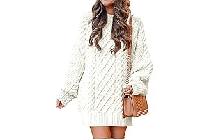 Women's Long Sleeve Cable Knitted Chunky Loose Pullover Sweater Mini Dress