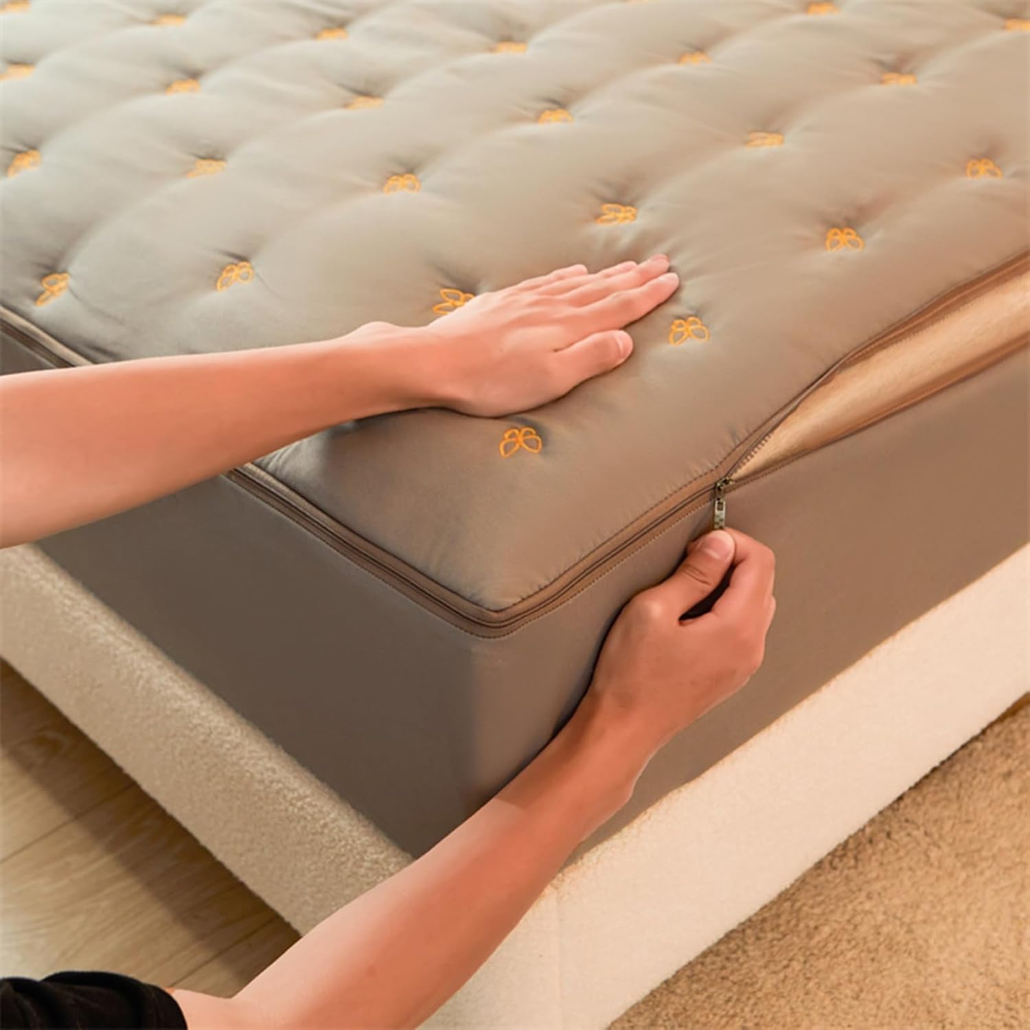Coprimaterasso Matrimoniale con Cerniera 160x190/180x200 Copri Proteggi Materasso Imbottito, Singolo Proteggi Materasso con Angoli Letto Traspirante Lenzuolo Lavabile(Gray,160x200+25cm)