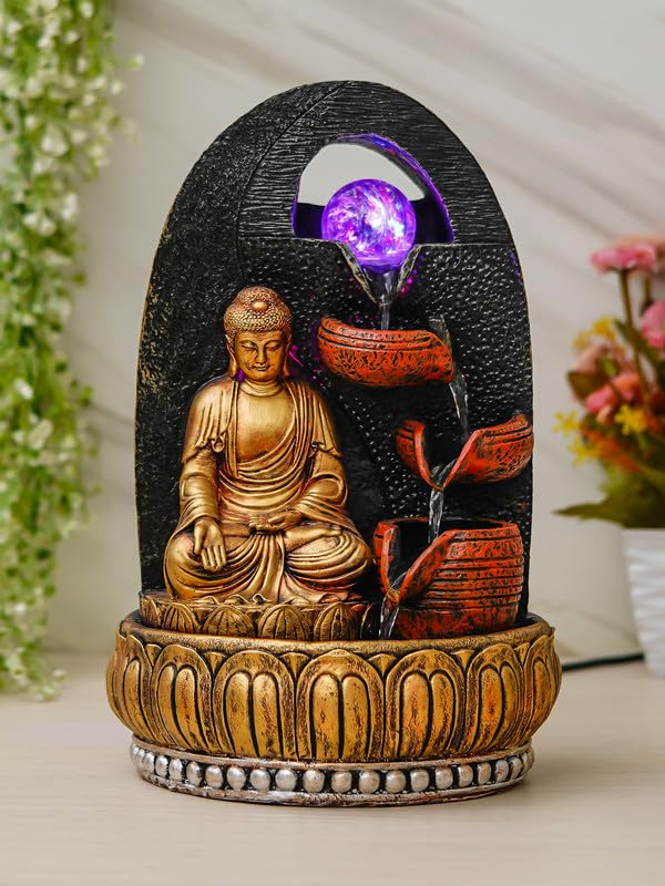 Image of Golden Brown Polyresin Tabletop Buddha 4 Step Indoor Water Fountain for Home Decor with LED, Speed Control Pump (Size: 24 x 18 x 36 CM | Weight: 1740Gram)